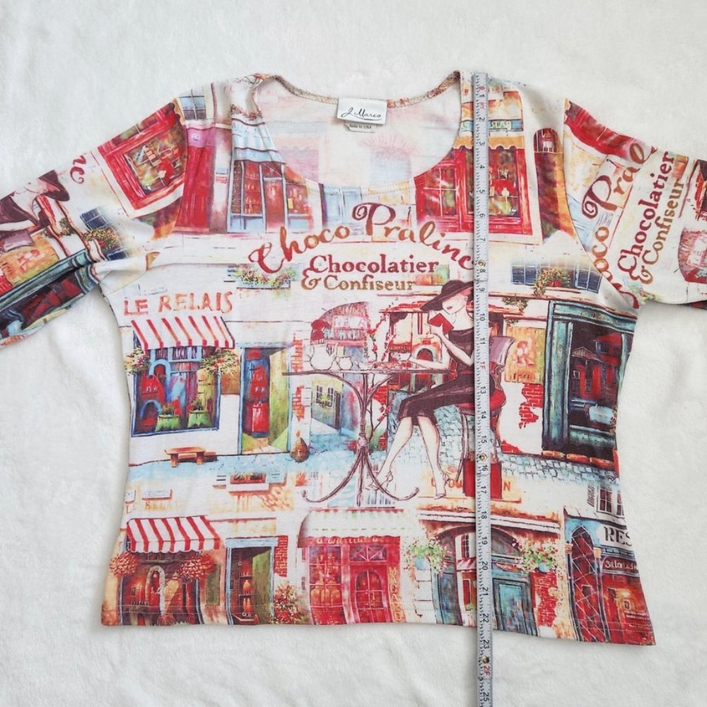 Vintage 90s French Art Print Top Large Paris Cafe J Marco Cyber Rhinestones Y2K - Picture 15 of 16